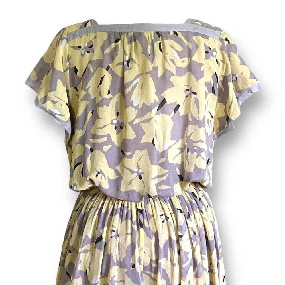 Vintage 80s Womens Midi Dress Sz M Gray Yellow Floral Boho Blouson Cotton Gauze - Picture 10 of 11